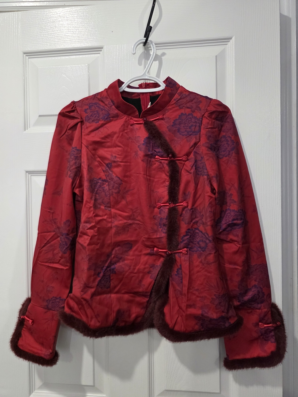 Red Satin Floral Chinese Asian Styled Jacket with Fur Trim